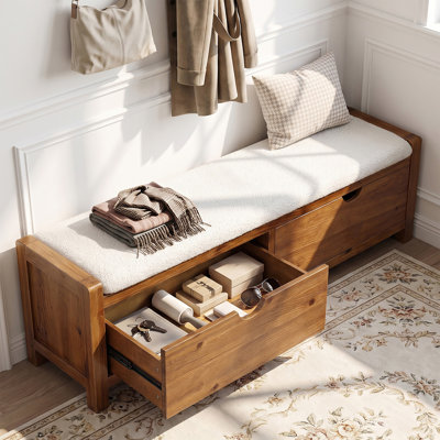 Banc de rangement en bois massif d'une largeur de 55,12 po, banc d'entrée avec coussin et 2 tiroirs, banc à chaussures rembourré pour le couloir, extrémité de chambre à coucher