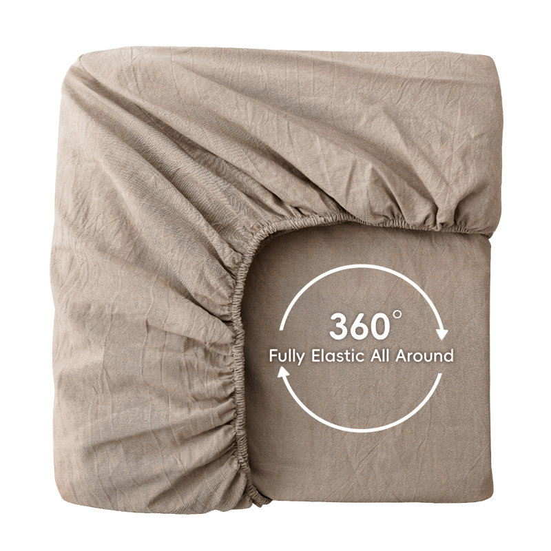 MooMee Fitted Sheet Only Extra Deep Pocket 100% Washed Cotton Linen Like Textured Lightweight Breathable, Queen , Taupe