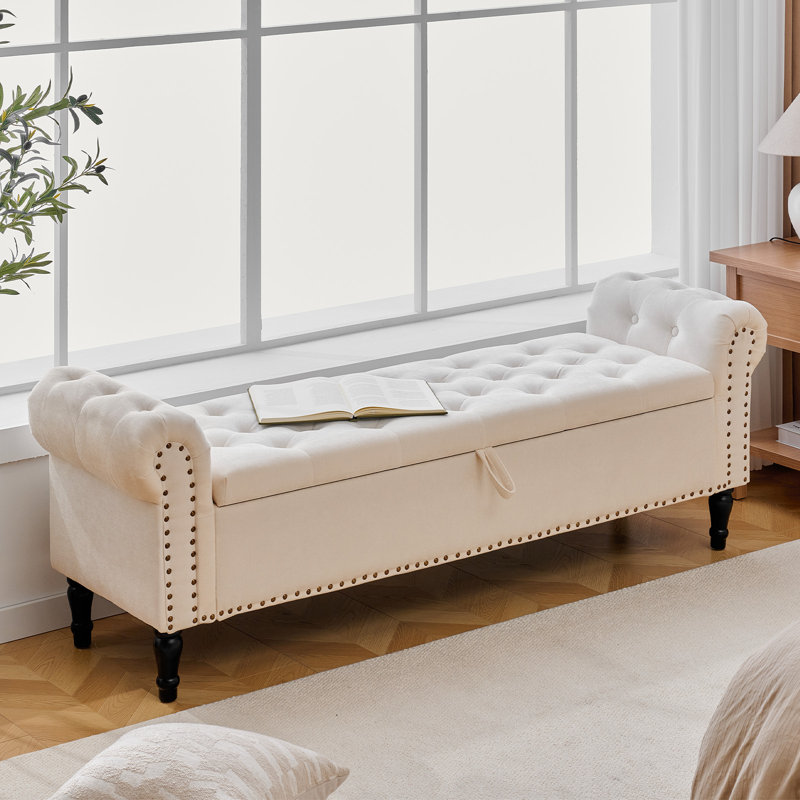Upholstered Storage Bench for Bedroom End of Bed King Size with Button-Tufted Seat and Roll Arms, Linen Beige, 67''W
