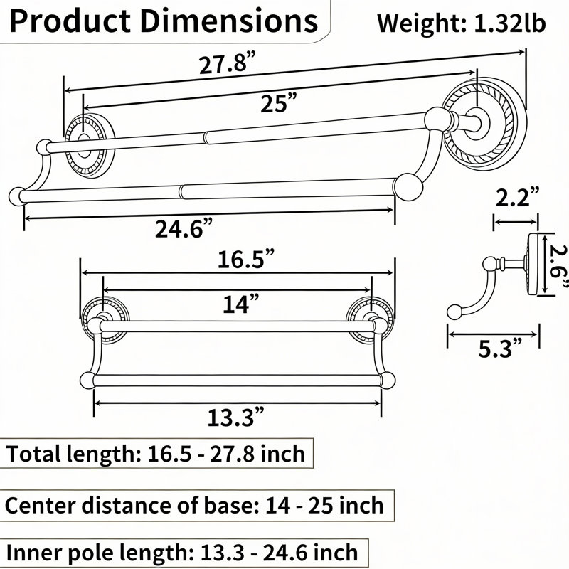 Antique Brass Double Towel Bar - Adjustable Wall Mounted Rack For Bathroom & Kitchen 14-25" Centers