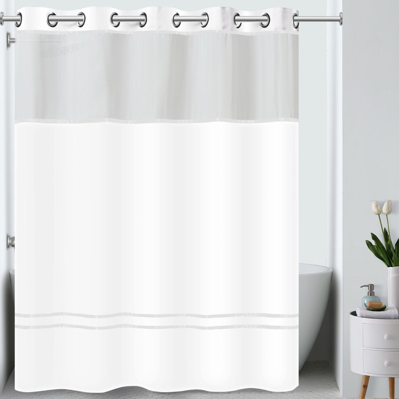 Hookless Escape Shower Curtain, 3-in-1 Shower Curtain Includes Fabric Shower Curtain with Sheer Top Window, Flex-on Rings & Fabric Liner, 71 In Wide x 74 In Long, White