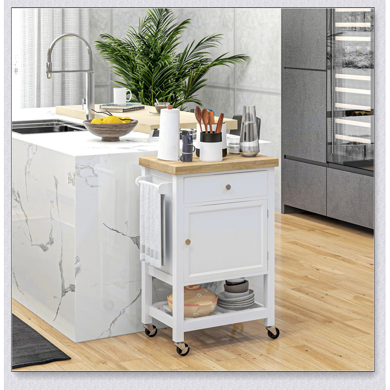 Utility Kitchen Cart, Rolling Island with Rubberwood Top, Narrow Butcher Block Surface, Storage Drawer & Cabinet, White
