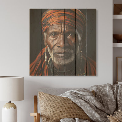 Ebony Tribal Chief Portrait - African Tribal Wood Wall Art On Natural Pine Wood