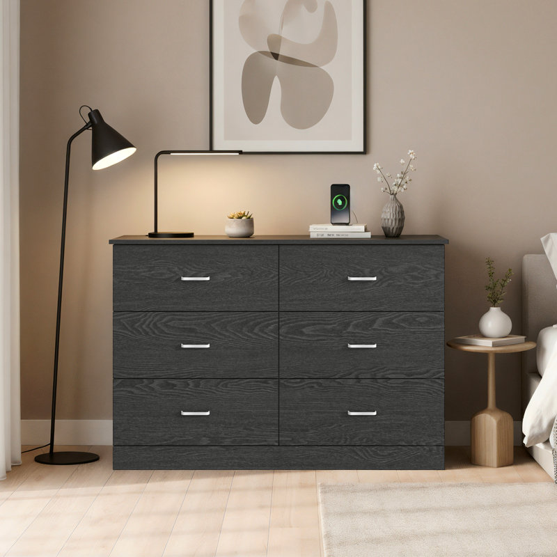 Commode double à 6 tiroirs Allyannah, Chêne gris foncé