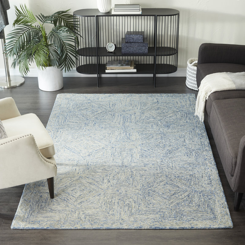 Tapis bleu géométrique en laine crocheté à la main, Rectangle 5 pi x 8 pi