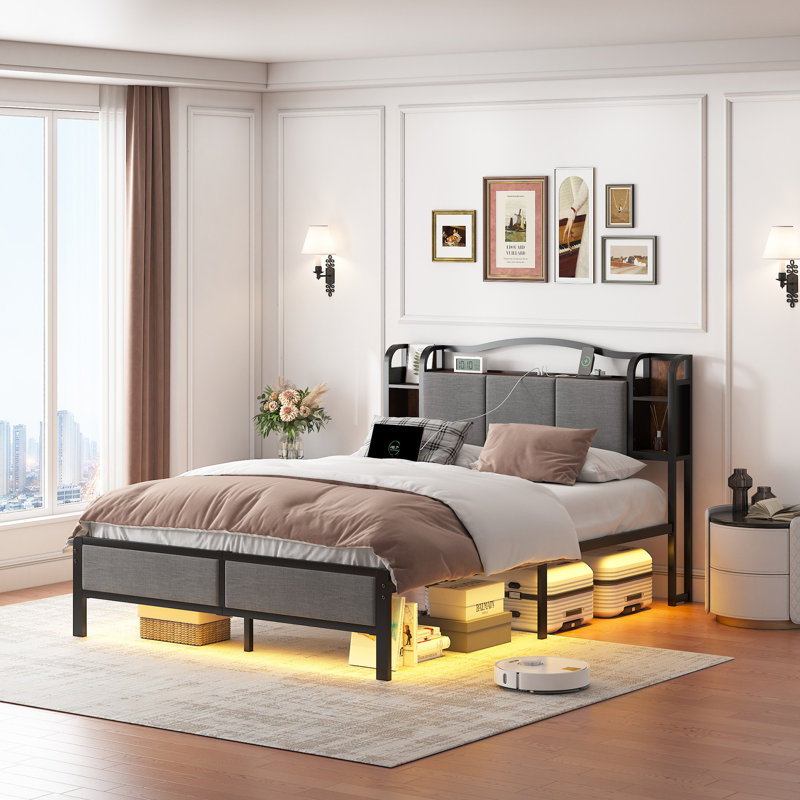 Upholstered Bed Frame With Led Lights & Charging Station, Queen
