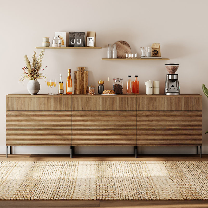 94.5" Wooden Reeded Sideboard with 9 Drawers, 3-In-1 Modern Wide Credenza Storage Cabinet for Kitchen, Dining Room, Walnut