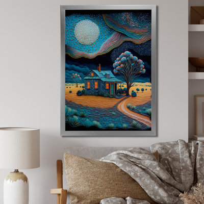 Little Blue Countryhouse Under A Full Moon - Meadow Canvas Wall Art