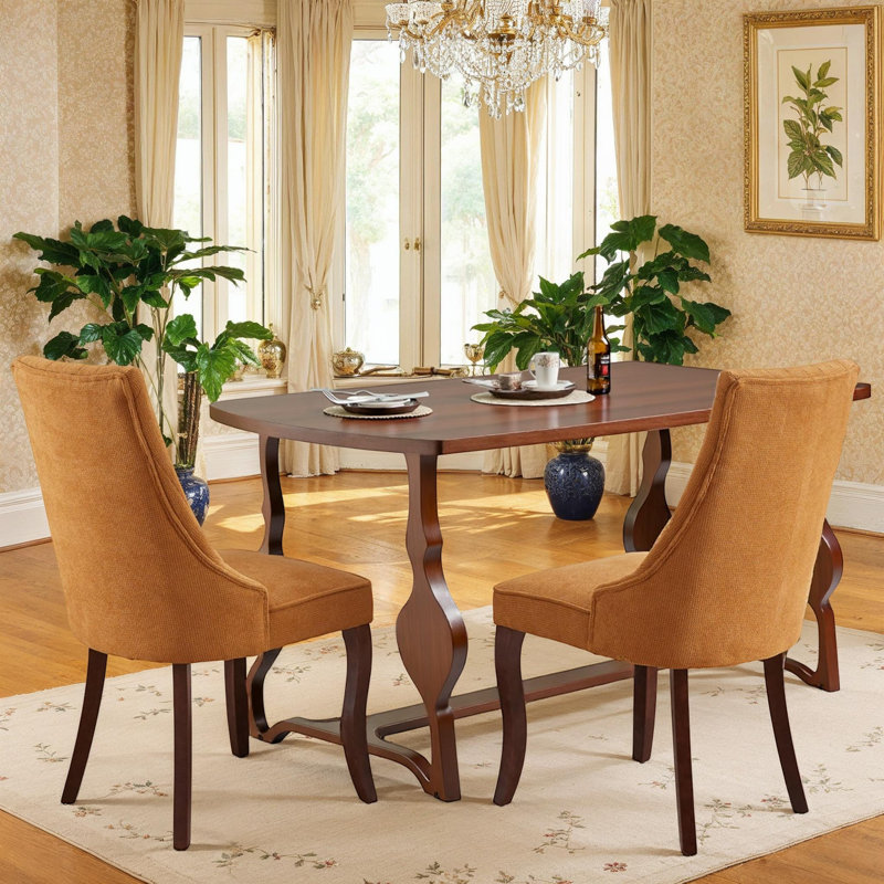 Elastic Cushion and Curved Solid Wood Legs Kitchen Side Chairs Set of 2 with Fabric Upholstery and High Backrest for Dining Room