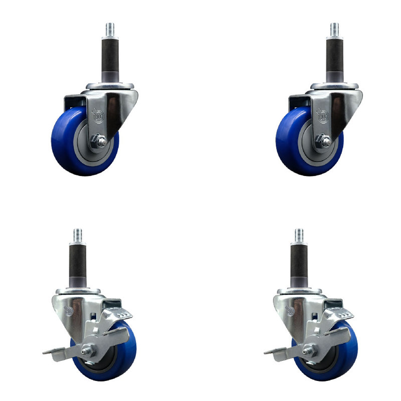 Ensemble de roulettes à tige extensible pivotante en polyuréthane 3 pouces 3 pouces 2 roues SCC, Bleu