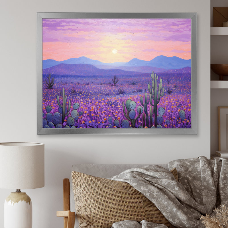 Cactus lavande paysage I sur toile, H 30 po x l 40 po x P 1,5 po, Cadre simple argenté