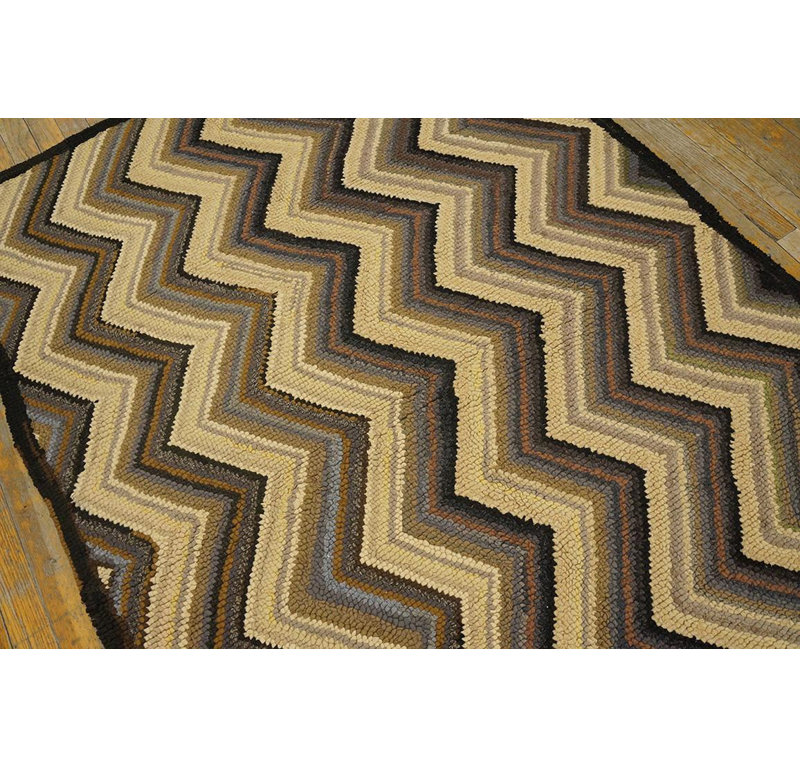 Tapis crocheté en laine à tissage plat américain rétro des années 1960 Zig Zag 4 pi x 6 pi
