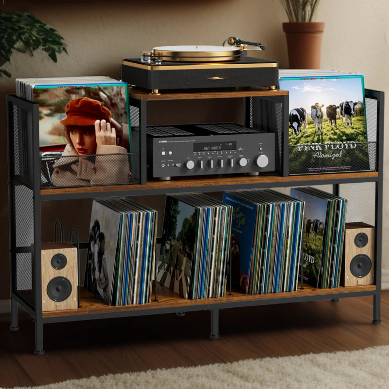 Vintage Record Player Stand With Storage For 350 Vinyl Albums, Adjustable Dividers, Mid-Century Turntable Cabinet For Living Room Or Bedroom, 45.9"D X 14.6"W X 30.1"H