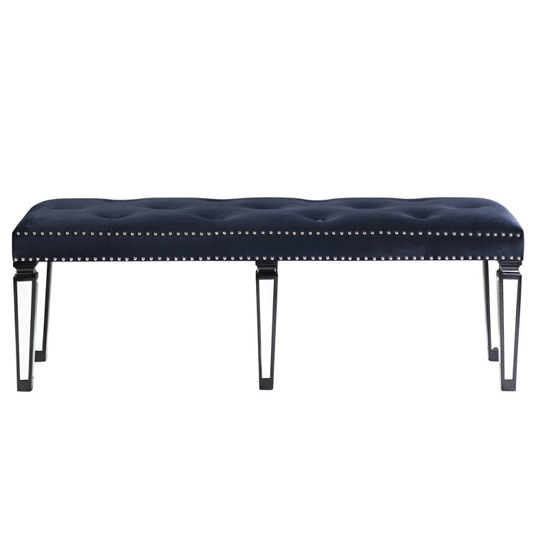 Bedroom Glamour Bench In Dark Navy Velvet With Seat And Mirrored Leg Captivation Style Elegance Fascination