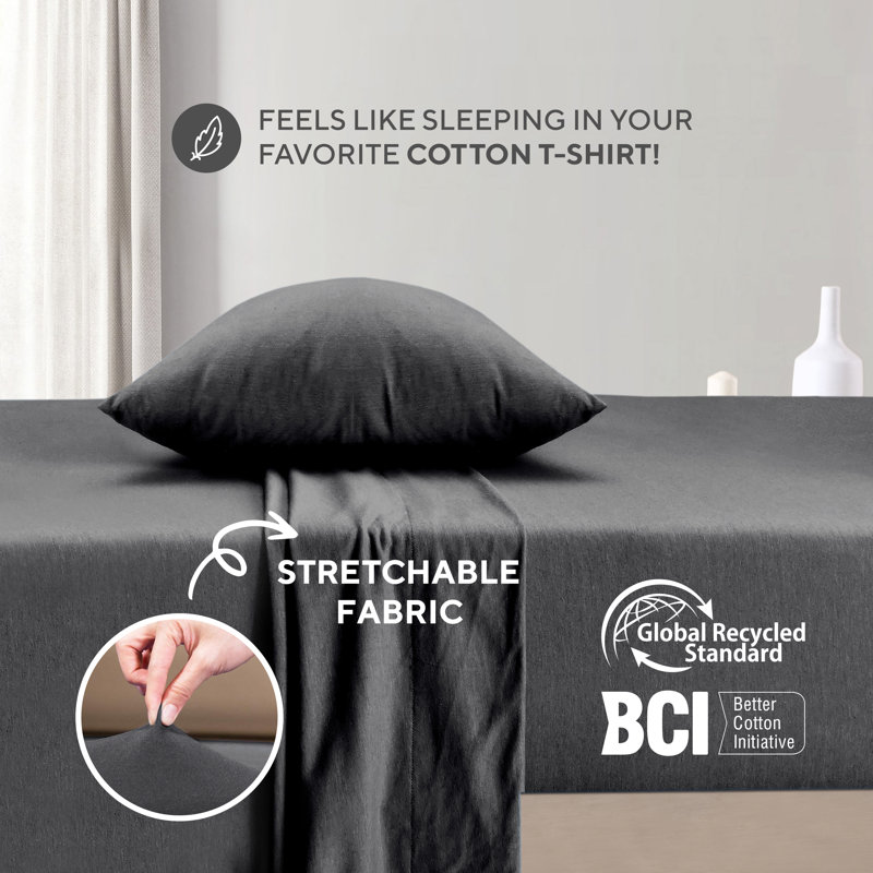 Jersey Knit Queen Size Sheets 4pc|100% T-Shirt Cotton Breathable Jersey Sheets Set| All Season , Charcoal, Charcoal, Queen