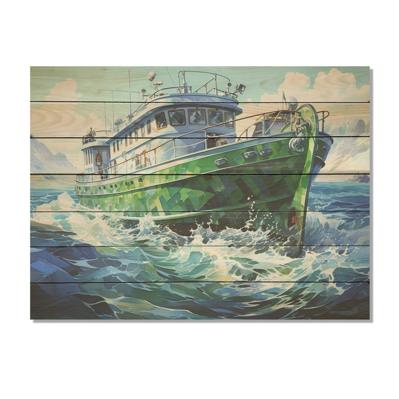 Croisière cubiste verte - bateau côtier sur bois, H 24 po x l 32 po x P 0,78 po