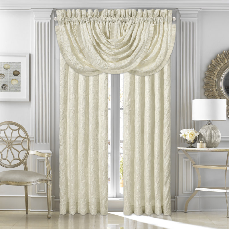 Ivory Damask Waterfall Valance with Pleated Trim