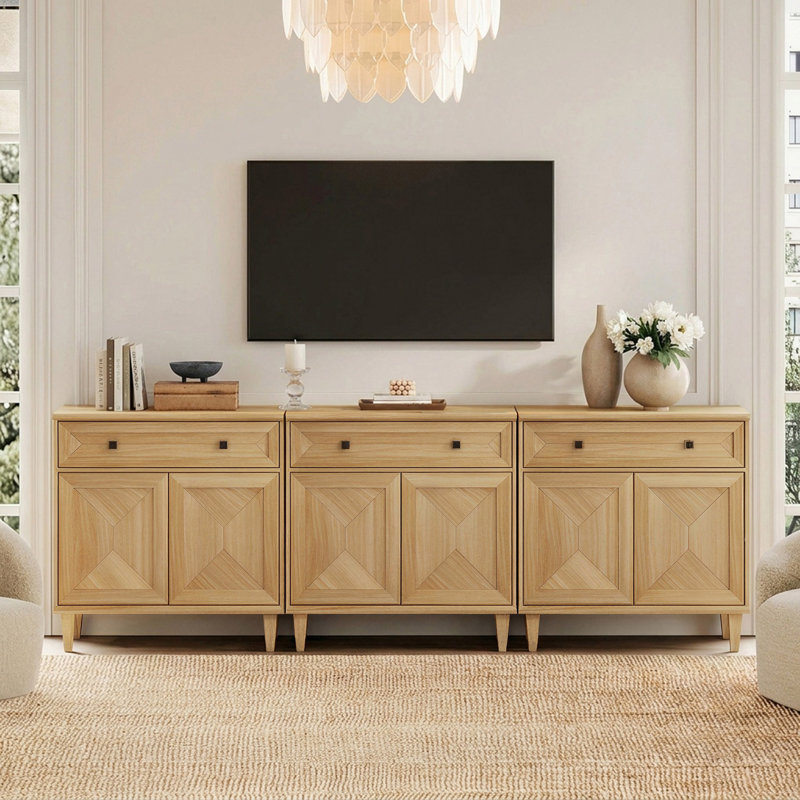 Meuble télé 94,5 po fait à la main avec patchwork et armoire, pour téléviseur de 100 po ou moins, chêne, Chêne