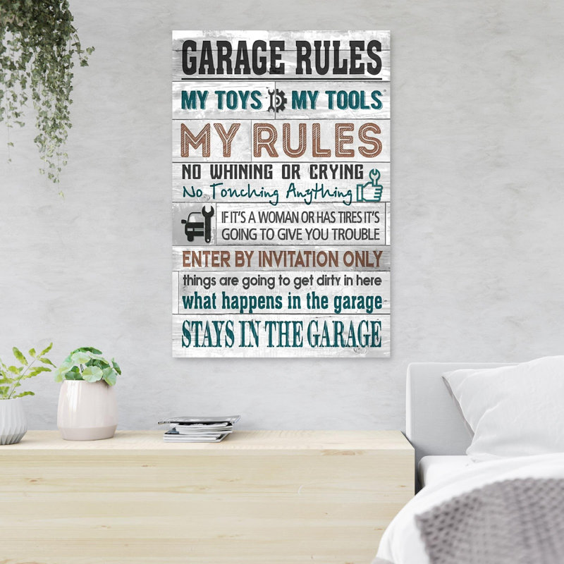 Quote About Garage - Garage Rules - 1 pièce, reproduction d'art graphique sur toile tendue, H 20 po x l 16 po x P 2 po