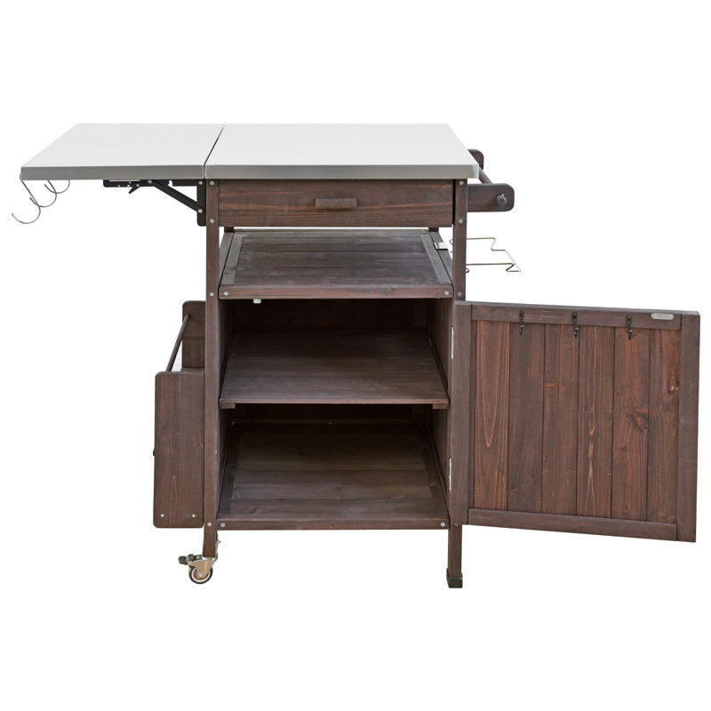 Îlot de cuisine 40,5 po avec plateau en acier inoxydable, Brun