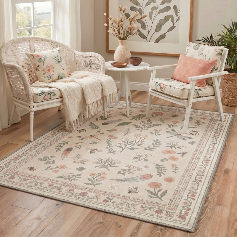 Adonis Aura Flora Boho Machine Washable Beige / Green Indoor Area Rug with Non-Slip Backing, Round 5'