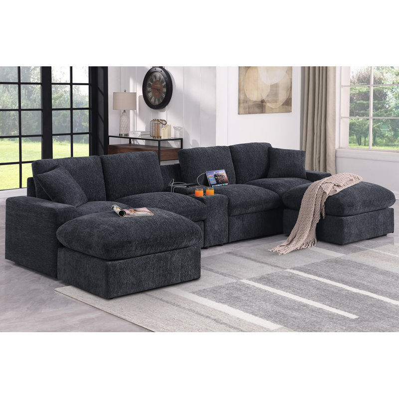 Canapé modulaire Bonaira avec console porte-gobelet, Chenille gris foncé