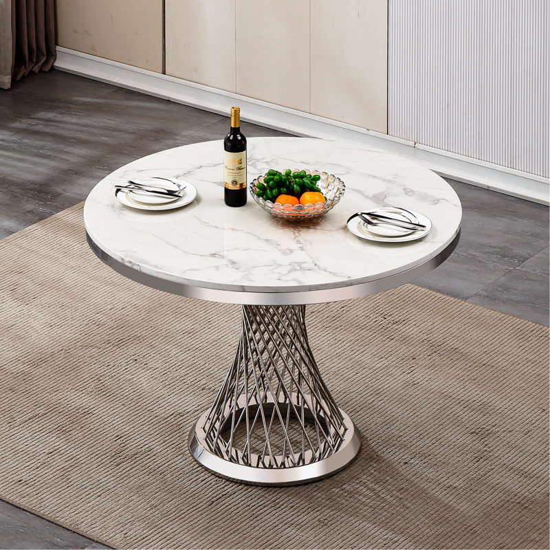 Table de cuisine ronde 47 po avec plateau en faux marbre ultrabrillant et miroir 8k - Base en acier inoxydable poli, convenant à un usage au bureau, argent et blanc 47,16 po