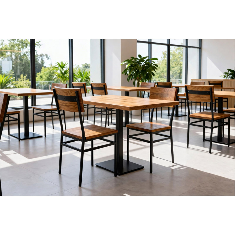 Ensemble de 2 chaises de salle à manger de style campagnard assemblées de qualité commerciale avec structure en métal et siège et dossier en chêne rouge américain, confortable pour la cuisine et la salle à manger