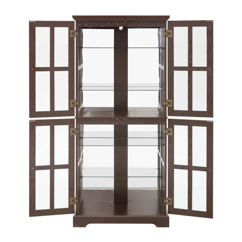Curio Display Cabinet,Antique Display Cabinet with Glass Doors Adjustable Shelves for Collectibles Four Door Design, Cherry