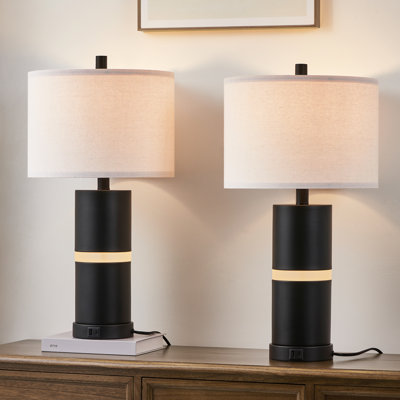 23.25’’ Black Table Lamp Set With Built-In Night Light And Usb Ports Bulbs Included