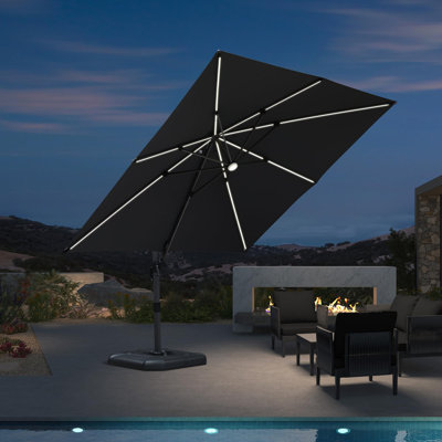 Rosezanna 120'' Square Solar Powered LED Cantilever Gray Umbrella with Base and LED Lights