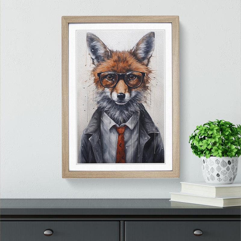 Fox With Glasses - Single Picture Frame Print on Wood, Oak, 64cm H x 46cm W x 2cm D