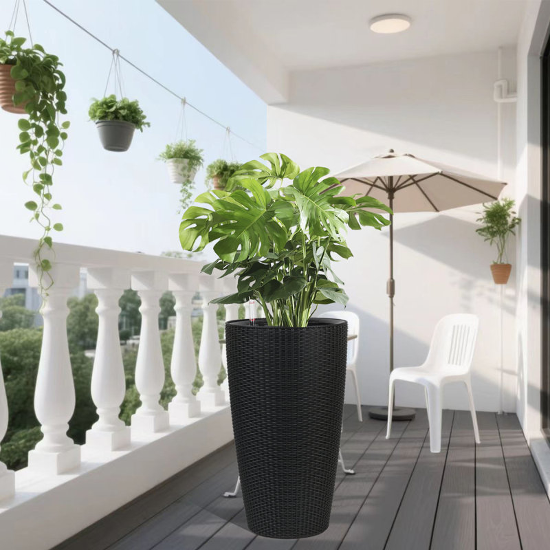 Set Of 2 Faux Rattan Tall Planters Outdoor Indoor Large Planters With Water Level Monitor Inner Bucket, Automatic Watering, Flower Plant Pots For Garden, Patio, Porch, Backyard (Black, 22 Inch )