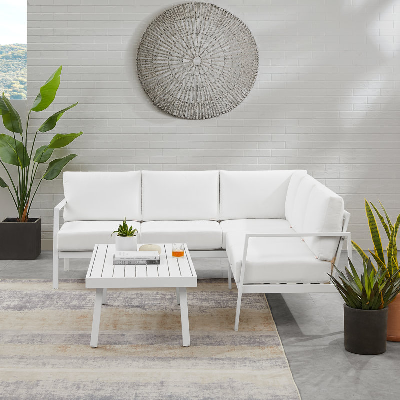 Armando 78.5'' Wide Triangle Aluminum Patio Sectional with Sunbrella® Cushions, White, White Sunbrella®