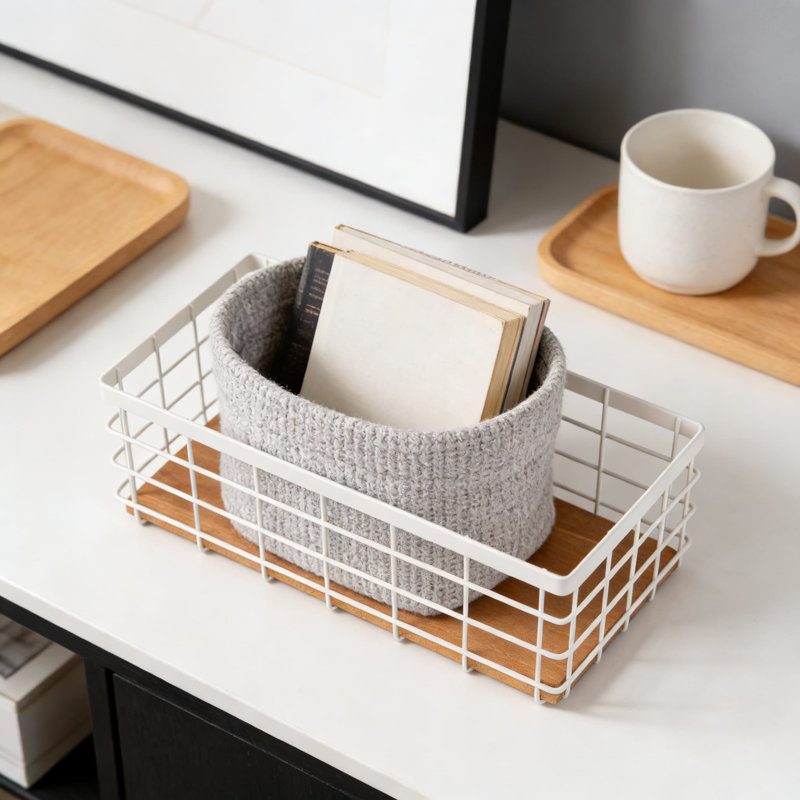 Panier de rangement en fil métallique avec base en bois amovible, bac de rangement polyvalent pour la cuisine, la salle de bain, le garde-manger, le garage et la salle de lavage