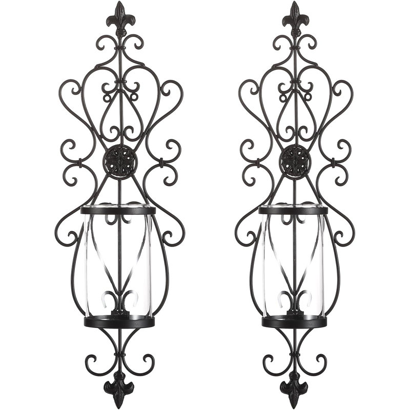 24" Hurricane Wall Sconces Set of Two- Antique Iron & Glass Candle Holders