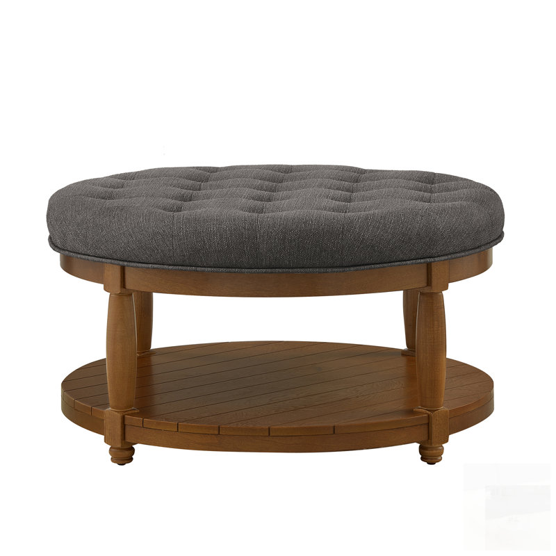 Large Round Upholstered Tufted Linen Ottoman Coffee Table, Solid Wood Shelf For Durable And Stylish Home Decor, Brown
