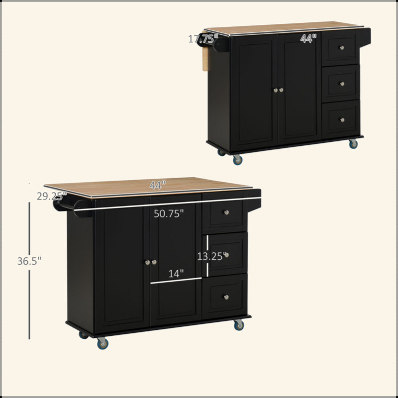 Mobile Kitchen Island With Drop Leaf, Storage Trolley Cart On Wheels, Towel/Spice Rack, 3 Drawers, 2-Door Cabinet, Black