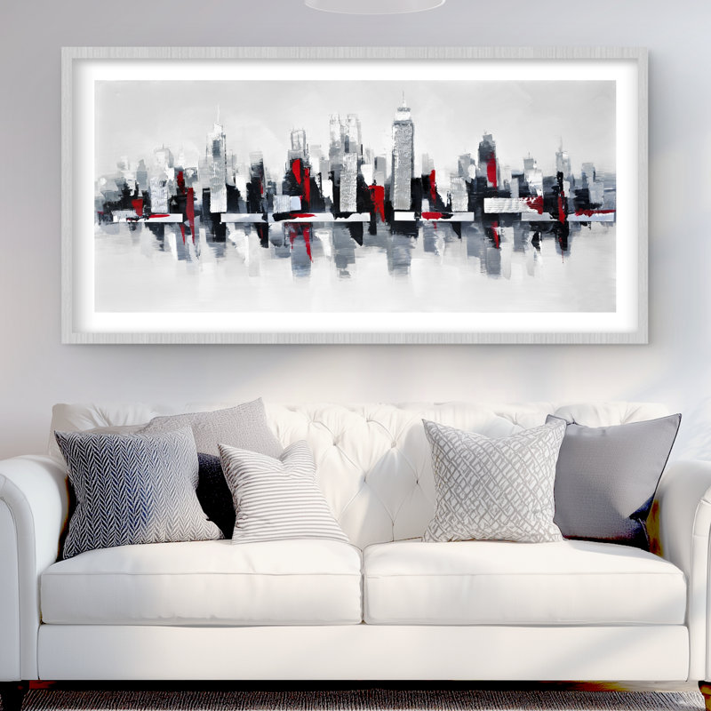 Paysage urbain gris et rouge - reproduction d'art moderne encadrée, Argent argent