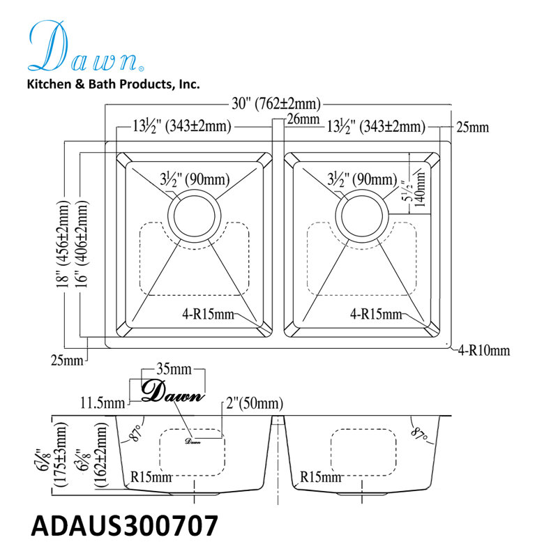 ADA Sink 30" x 18" 304 Double Bowls Stainless Steel Kitchen Sink
