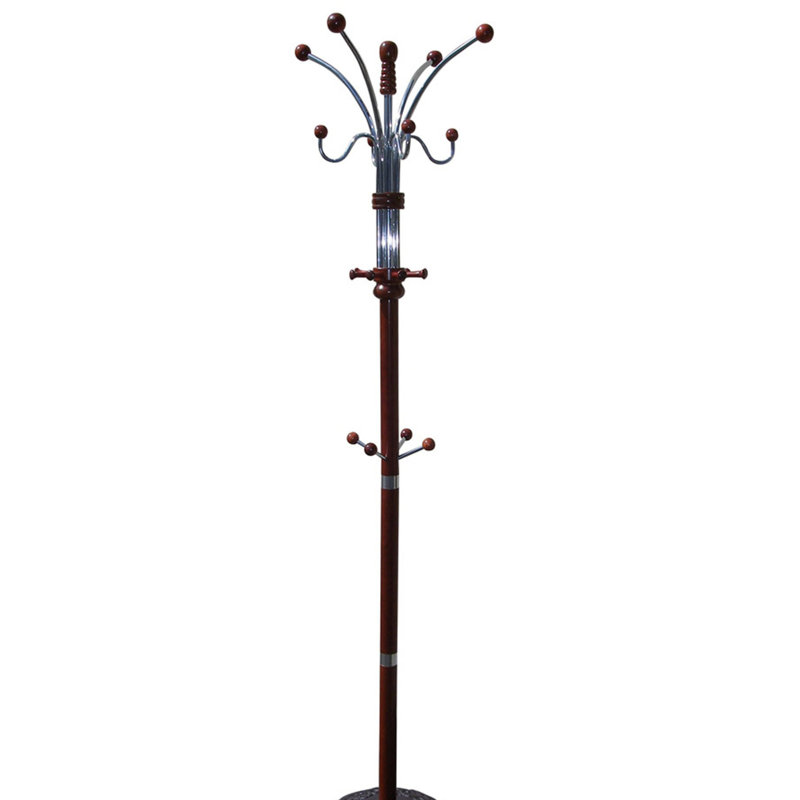 Tall Chrome and Wood Coat Rack, Cherry
