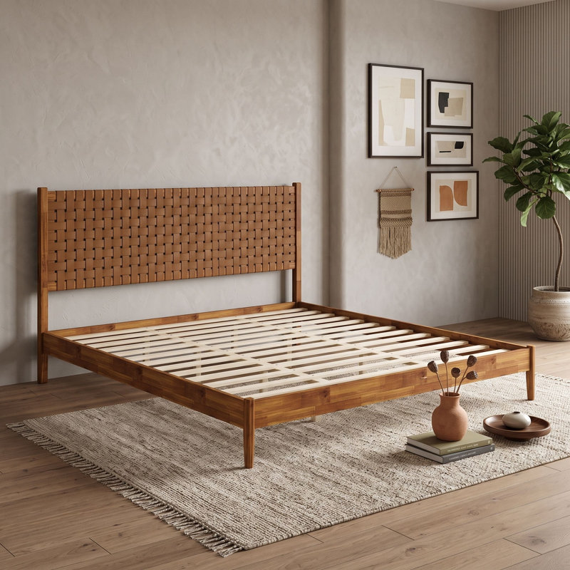Lit plateforme en bois avec tête de lit et lattes, Très grand lit, Caramel