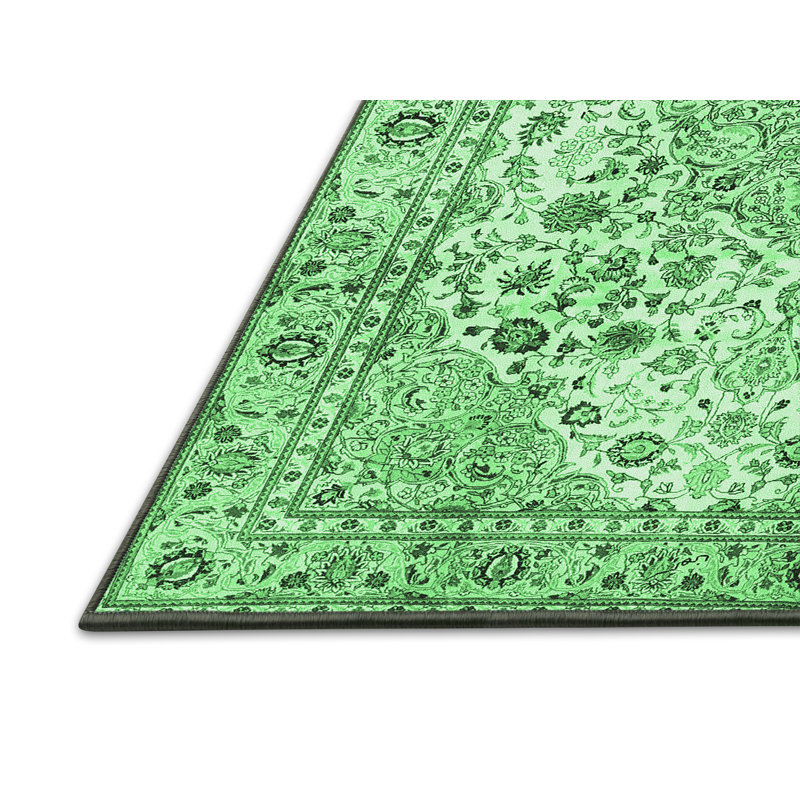 Tapis oriental en laine / polyester tissé à la machine en vert / noir Karendeep, Rectangle 2 pi x 3 pi