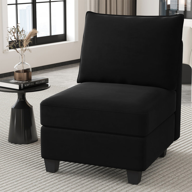 Allinson Velvet Armless Single Chair Storage Seat Module For Sectional Modular Sofa, Black Velvet