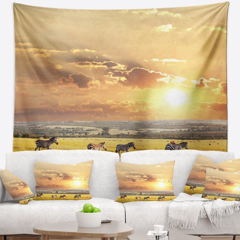 Zèbres paysager dans un tapisserie prairie africain, H 50 po x l 60 po
