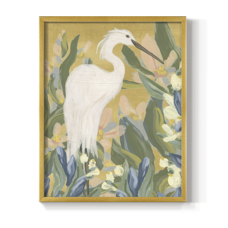 Floral Egret II, reproduction encadrée - bois massif, H 15 po x l 12 po, Doré