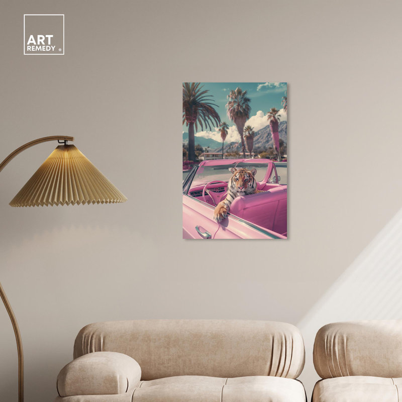 Art mural rose Rosy Tiger's Ride I, H 30 po x l 20 po, Toile tendue