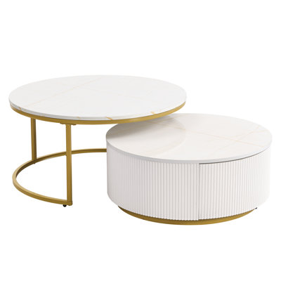 Modern Fluted Nesting Coffee Table With Drawer - Gold Elegant Look Fashionable Round Storage