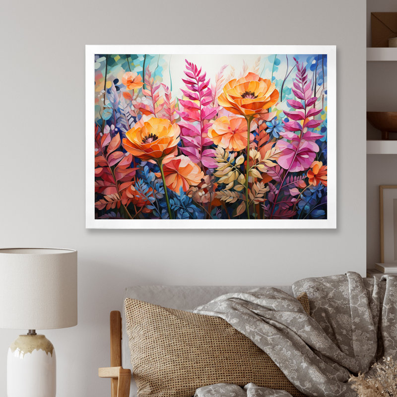Collage de fougères multicolores - impression, Cadre simple blanc, H 30 po x l 40 po x P 1,5 po