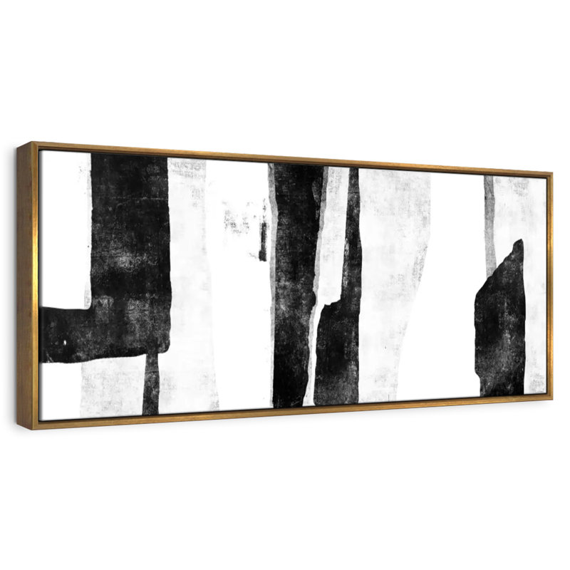 Blanc à noir abstrait II, Cadre flottant doré, 31 po x 11 po